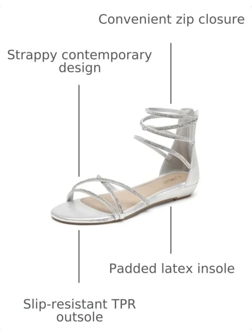 Women's Silver Rhinestones Gladiator Flat Sandals Ankle Strap Comfortable Zip